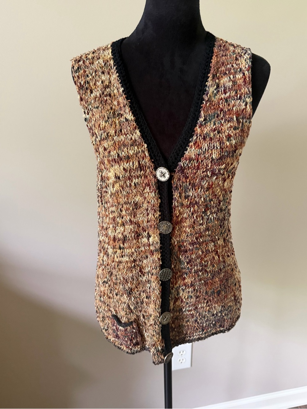 Ani Barrie Vintage Brown & Black Button Front Vest with Black Trim Medium